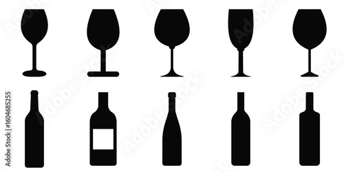 Wine Bottles and Glasses Silhouette Icon Set for Bar and Beverage Design