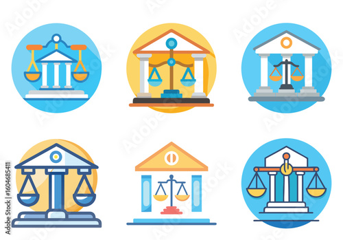 Set of vector icons featuring scales of justice and courthouse building themes