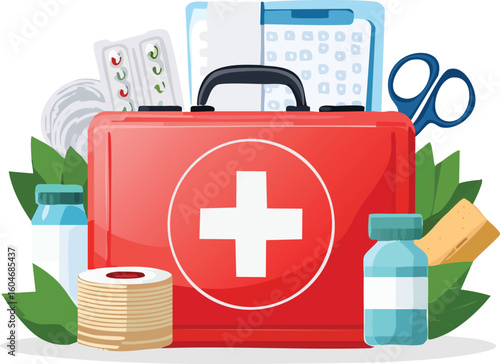 First aid kit box with bandages, gauze, antiseptic, scissors, plasters, ointment