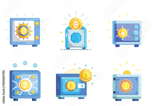 Illustrative compilation of safe deposit boxes containing Bitcoin and traditional currencies