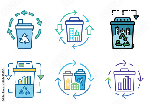 Collection of recycling vector icons showcasing urban sustainability and waste management practices