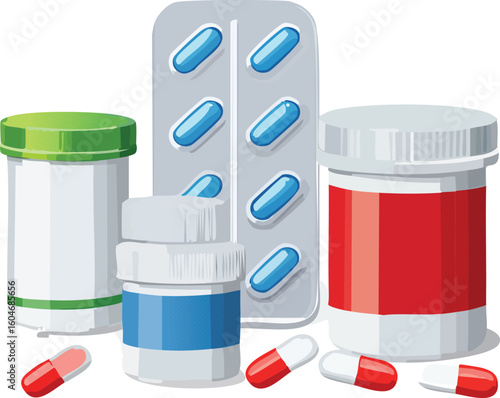 different types of medicine packaging: blister packs, loose capsules, jars