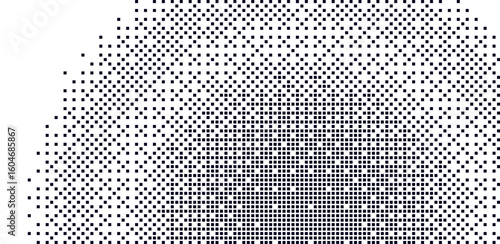 Background with pixel transform effect with halftone dot pattern. 8bit shape with radial gradient effect.