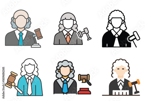 Set of six illustrations representing a judge, demonstrating various styles