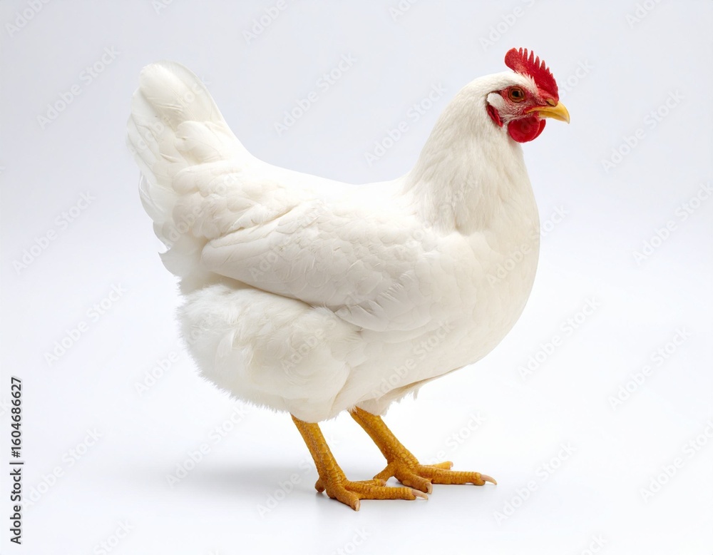 Fototapeta premium White Hen Standing Isolated on White Background, Side View