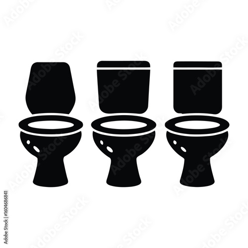 Three black toilet bowls lined up in a row against a white background bathroom fixtures