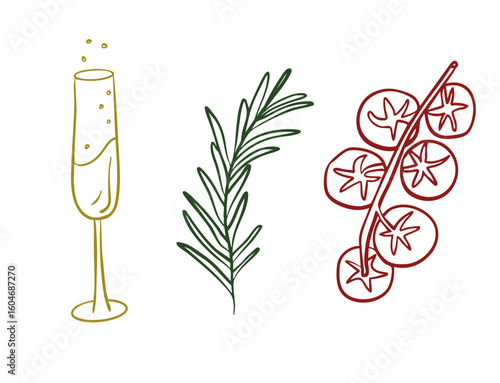 Hand drawn food and drink vector set – champagne glass, rosemary sprig, cherry tomatoes in line art style
