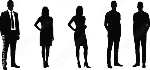 Silhouettes of five standing people isolated on white – professional men and women in business and casual poses, vector illustration.