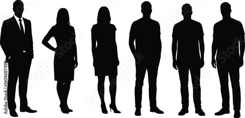 Silhouettes of five standing people isolated on white – professional men and women in business and casual poses, vector illustration.