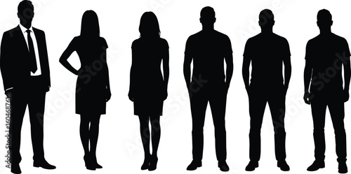 Silhouettes of five standing people isolated on white – professional men and women in business and casual poses, vector illustration.