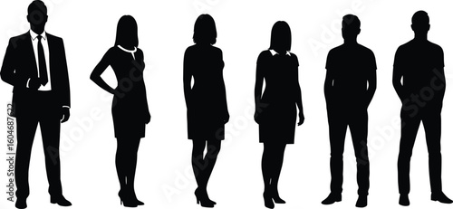 Silhouettes of five standing people isolated on white – professional men and women in business and casual poses, vector illustration.