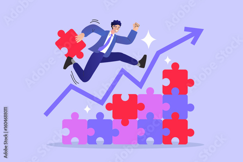 Businessman running up a rising arrow graph made of puzzle pieces. A concept of business growth, success, and strategic progress.