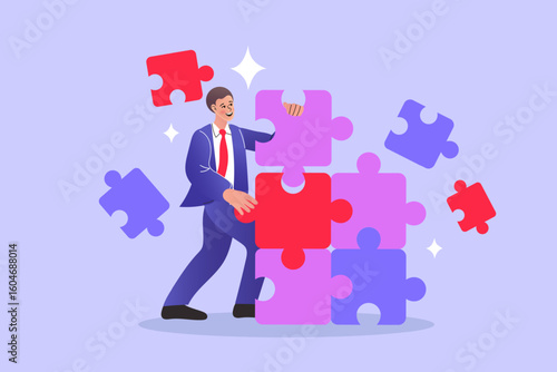 Businessman walking on a path made of colorful puzzle pieces. A concept of business strategy, project progress, and career journey.