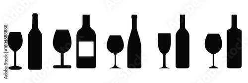 Wine Bottles and Glasses Silhouette Icon Set for Bar and Beverage Design