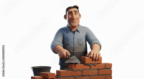 Young bricklayer with tools and materials building a wall on a working day
