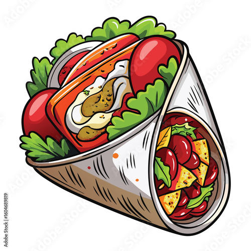 Cheesy Chicken Shawarma Wrap Vector Illustration on White Background

