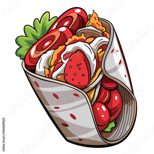 Cheesy Chicken Shawarma Wrap Vector Illustration on White Background

