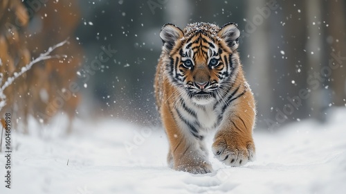 Siberian Tiger Cub Frolicking in Snowy Pine Forest with Paw Prints to Negative Space, Wildlife Sanctuary Scene