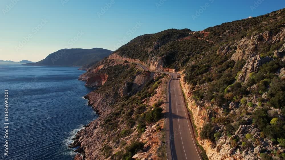Aerial view beautiful Kaputas beach with road at Mediterranean sea in Turkey.