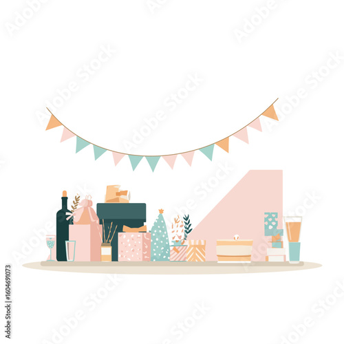  Stylish birthday party celebration setup with pastel bunting, wrapped gifts, champagne and festive decorations in modern minimalist flat lay design