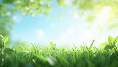 Blurred Summer Landscape: Green Grass, Blue Sky, And Vibrant Bokeh. Abstract Depiction Of Summer With Lush Green Leaves And Eco-Friendly Environment.