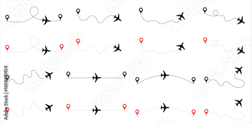 Airplane routes set. Plane route line. Planes dotted flight pathway. Aircraft tracking, planes, travel, map pins, location pins.  Airplane flying dotted line to destination