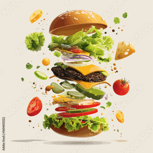 Exploding burger with fresh ingredients flying in air - perfect for food advertising, restaurant menus, cooking blogs, and culinary marketing materials