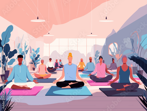  Modern yoga studio illustration with diverse group in meditation pose. Perfect mockup for wellness brands, fitness apps, and mindfulness content marketing
