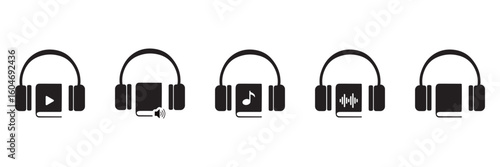 Audiobook Icon Set – Book, Headphones and Sound Wave Symbols for Digital Listening 
and Online Library
