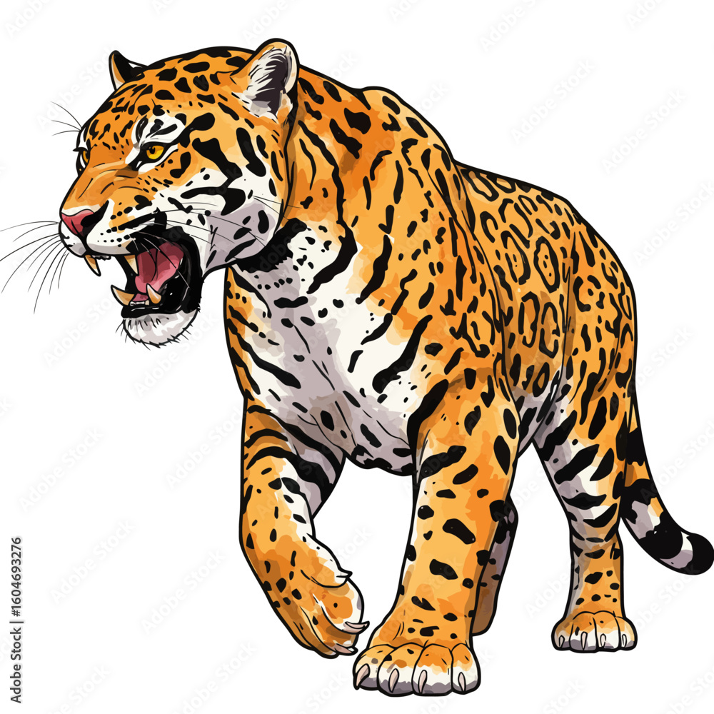 Fototapeta premium Dynamic aggressive jaguar illustration isolated on white background wild cat roaring