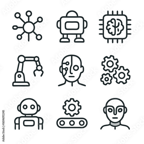 Robot vector icons represent AI and automation concepts, ideal for tech presentations, websites, or digital projects needing futuristic imagery.