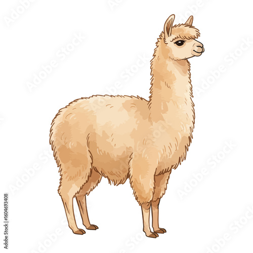 Cute Cartoon Alpaca Illustration Standing Isolated on White Background Fluffy Mammal Art