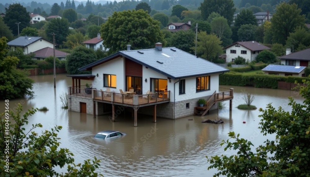 Fototapeta premium Submerged modern house and car after flooding residential area photography urban environment aerial view climate impact