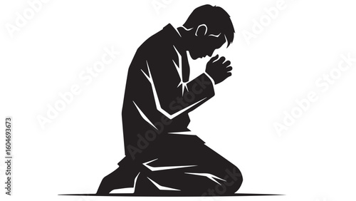 Man Praying Kneeling Silhouette, Vector Illustration