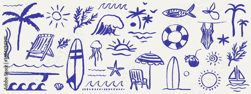 Hand drawn doodle summer beach, sea and surf vector illustration set. Tropical coastal elements palm trees, waves, surfboards, and sun with ornament for t-shirts, posters, and placards prints.