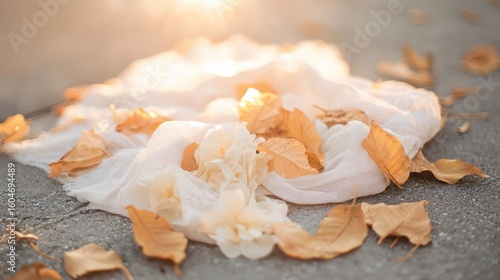 Soft White Fabric with Yellow Leaves and Flowers on Ground Surface