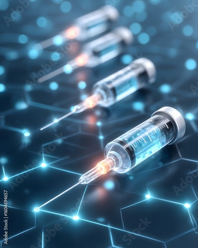 A close-up of multiple syringes filled with blue liquid, connected by glowing lines on a digital grid background, symbolizing advanced medical technology or vaccine distribution.