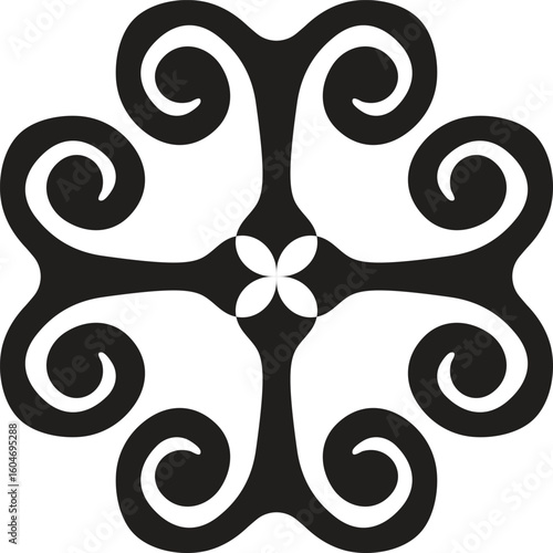 Abstract black and white geometric swirl pattern with central four petal flower design