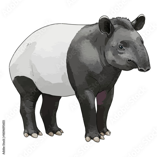 Malayan Tapir Illustration Wildlife Animal with Distinctive Black and White Coat