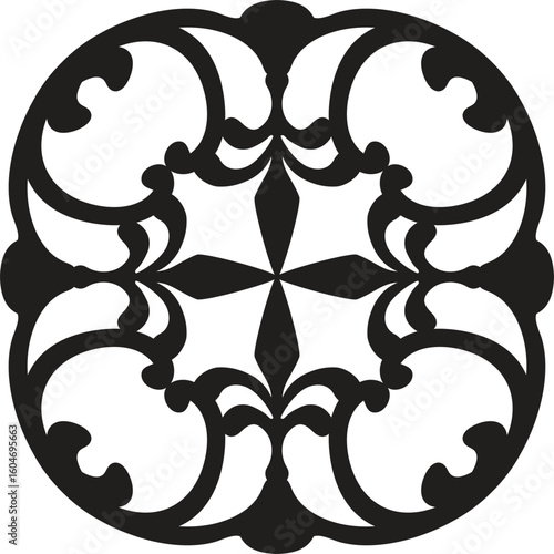 Intricate black and white circular floral pattern with swirling decorative elements