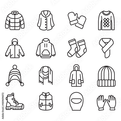 A collection of winter clothing icons. Thin line vectors. Contains icons such as sweaters, gloves, jackets, and more.