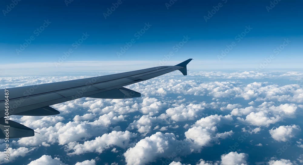 Fototapeta premium Airplane wing above a sea of fluffy white clouds