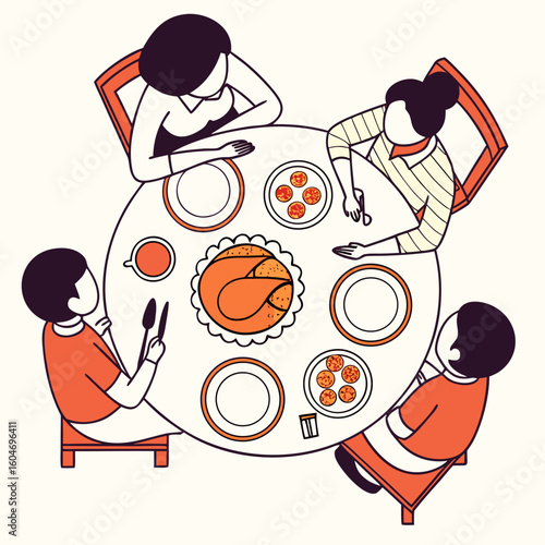 Overhead view of a family of four seated around a table with food and dishes in a simple illustration