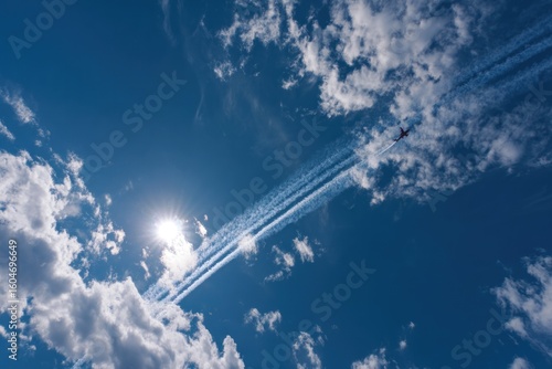 Airplane trails across a bright blue sky with clouds