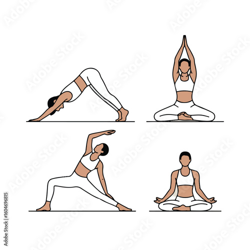 Diverse women practicing various yoga poses for a healthy lifestyle and mental well being on white background