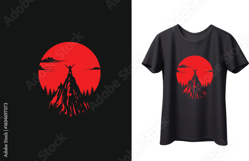 t shirt design Red sunset mountain silhouette t shirt design A striking t-shirt design featuring a silhouette of mountains and trees against a vibrant red sunset circle.