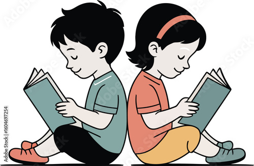 Two children reading books back to back