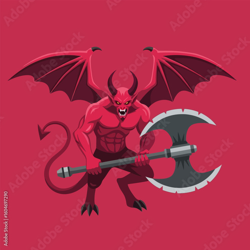Red Demon Holding Axe with Wings Poised in Menacing Stance