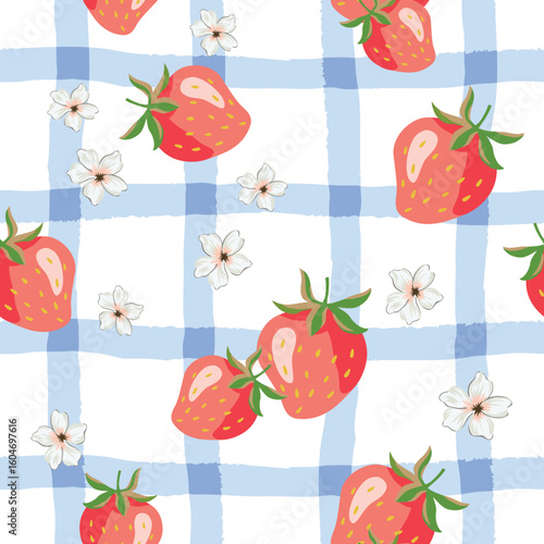 Red strawberries, flowers, gingham white and pale blue background. Vector illustration. Seamless pattern. Summer design. Garden sweet berry