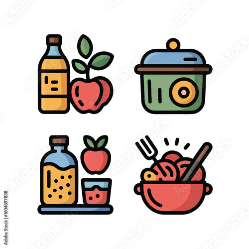 Four illustrated icons representing healthy eating cooking and fresh ingredients including juice fruit and a prepared meal with utensils